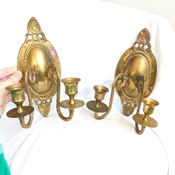 ‼️SOLD Vintage Pair of Heavy Solid Brass Double Candlestick Holder Candelabras